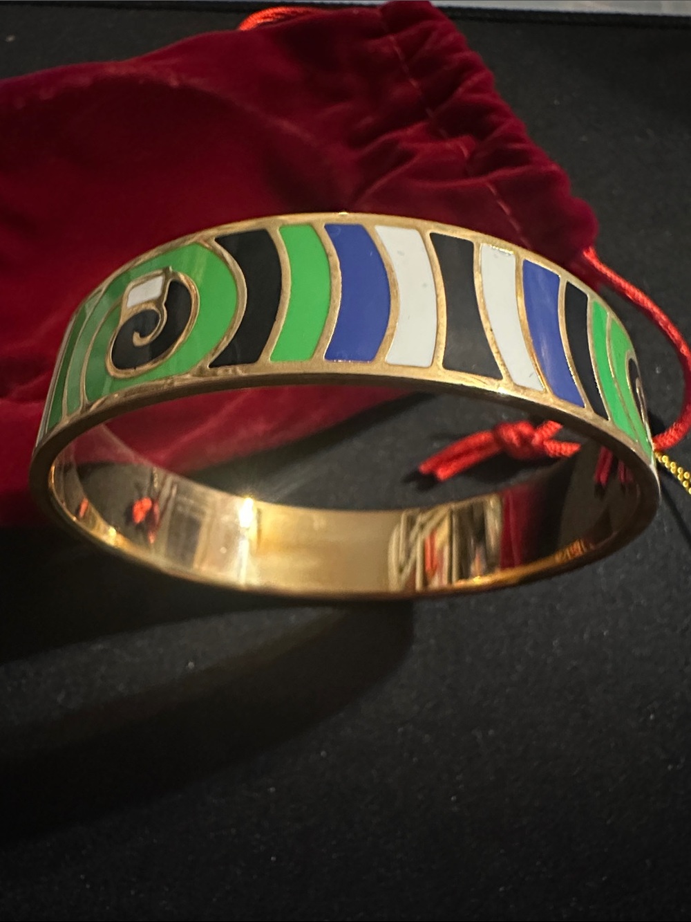 Gold-Tone Enamel Bangle Bracelet in Green, Blue, White and Black
#45